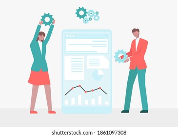 Business management vector concept: Business people working with business gear and financial graph on the virtual screen