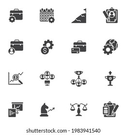 Business management vector icons set, modern solid symbol collection, filled style pictogram pack. Signs, logo illustration. Set includes icons as time management, money, teamwork, business strategy