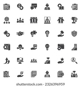 Business management vector icons set, modern solid symbol collection, filled style pictogram pack. Signs logo illustration. Set includes icon as manager, teamwork, cooperation, collaboration, cohesion