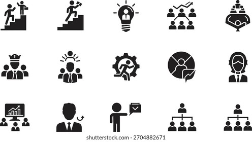 Ícones vetoriais de negócios e gerenciamento definidos para o sucesso e a liderança