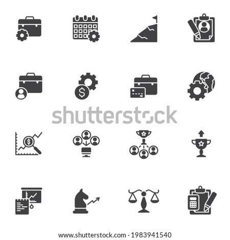 Business management vector icons set, modern solid symbol collection, filled style pictogram pack. Signs, logo illustration. Set includes icons as time management, money, teamwork, business strategy