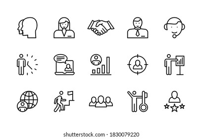 Administración de negocio, conjunto de iconos lineales vectoriales. Trabajo y éxito, gente de negocios, interacción, apretón de manos de confianza, organización, equipo y más. Iconos de colección aislados de gente de negocios para sitios web.