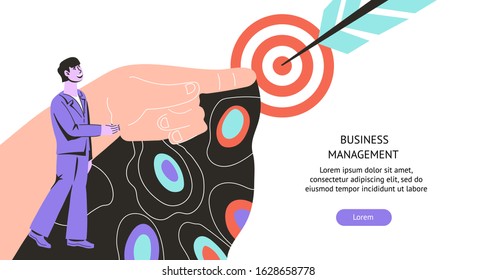 Business management web banner with businessman and target. Financial development planning and income growth strategy. Accounting and budget administration services. Flat vector illustration.