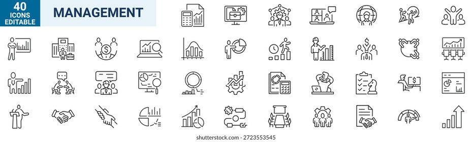 Conjunto de ícones da linha da Web do Business Management. Contém ícones como Inspetor, Qualidade pessoal, Gerenciamento de funcionários e muito mais. Traço editável