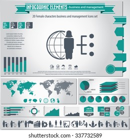 Business and management - woman, female characters infographic elements and icons set.