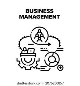 Business-Management-Arbeit Vektorsymbol Konzept. Unternehmenskollektivteam oder Financial Business Management, Strategie und Entwicklung Arbeitsprozess. Analyse-Finanzdiagramm Schwarze Illustration
