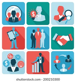 Business and managements flat icons set of effective strategy teamwork isolated vector illustration