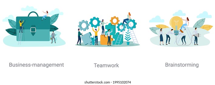 Gestión de negocios, trabajo en equipo, brainstorming.Un conjunto de ilustraciones vectoriales sobre el tema de los negocios.Ilustraciones abstractas.