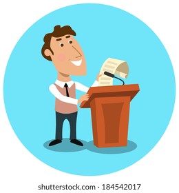 Business manager character with paper document making public presentation speech at tribune with microphone concept isolated vector illustration
