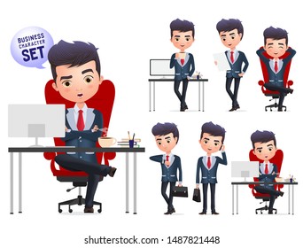 Business manager character vector set. Business boss or professional manager characters sitting and relaxing isolated in white background. Vector Illustration.