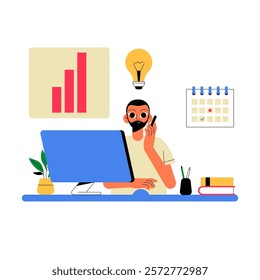 Business Manager At Desk With Computer And Business Graphs In Flat Vector Illustration Symbolizing Leadership, Strategy, And Decision Making, Isolated On White Background.