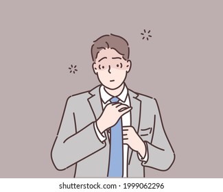 business manager getting dressed and fixing his tie early in the morning. Hand drawn style vector design illustrations.