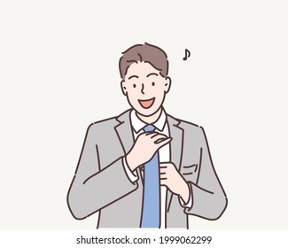 business manager getting dressed and fixing his tie early in the morning. Hand drawn style vector design illustrations.