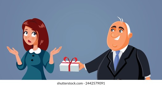 
Business Manager Giving Inappropriate Gift to his Secretary Vector Cartoon. Unhappy woman being stalked by her boss refusing advances in the workplace
 svg