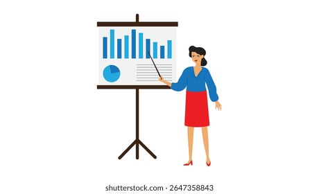 Business manager giving a presentation with charts and data on a screen. Illustration represents corporate meeting, leadership, strategy discussion, and business performance review in a professional s
