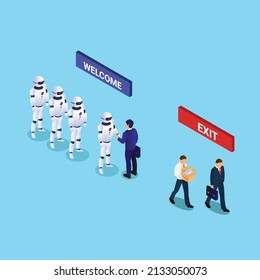 Business manager greets robots which will replace human workers isometric 3d vector concept for banner, website, illustration, landing page, flyer, etc.