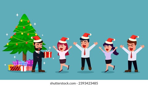 A business manager is handing out gift boxes to his business team. Christmas celebration. Christmas party with decorated Christmas tree and gift boxes in the background. Business office concept.