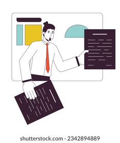 Business manager handing over papers flat line concept vector spot illustration. Team leader 2D cartoon outline character on white for web UI design. Presentation editable isolated color hero image