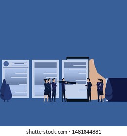 Business manager hold pen to sign on phone metaphor of online signature. Illustration For Wallpaper, Banner, Background, Book Illustration, And Web Landing Page.