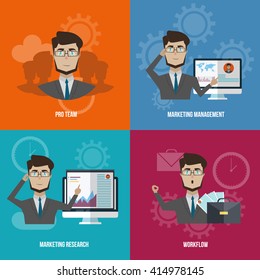 Business manager icon set with man leading team standing by screen talking vector illustration