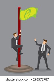 Business manager instructing executive to climb up money flag. Creative vector cartoon illustration on business finance and wealth concept isolated on grey background.