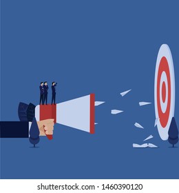 Business manager looking target and send advertising plane metaphor of right target. Illustration For Wallpaper, Banner, Background, Book Illustration, And Web Landing Page.