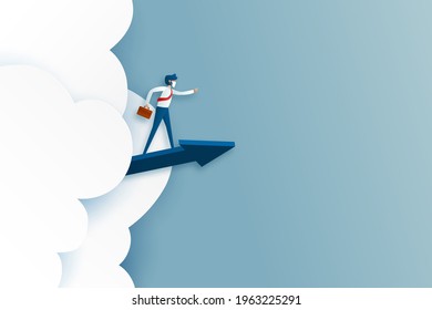 Business manager man riding blue directional arrow. Successful Decision business concept. Paper art vector illustration.