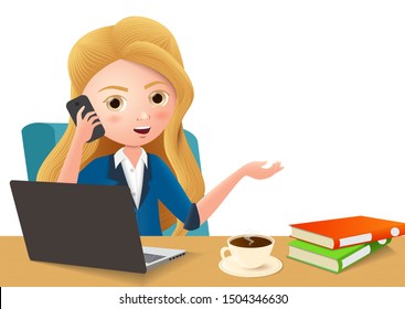 Business manager in office desk vector character. Businesswoman character holding mobile phone while calling and sitting in office desk with laptop, coffee, and books in empty white background. 