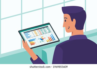 Business Manager or Owner Checking Out Company Data Statistics Growth in Tablet Computer. Financial Flat Vector Illustration. Can be Used for Digital and Printable Infographic