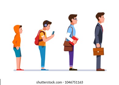 Business manager person evolution progression from kid to teen, student, to grownup business man. Professional development stages of young man trough life. Flat character isolated vector illustration