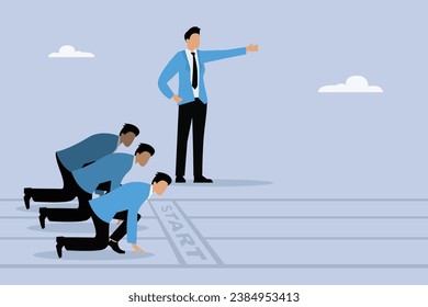 Business manager with pointed hand ordering his staff to start running 2D flat vector concept for banner, website, illustration, landing page, flyer, etc