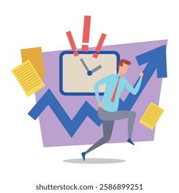 Business manager running towards upward trend graphic with clock and papers. Urgency and goal-oriented action in corporate setting concept