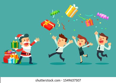 Business manager in santa claus costume with bag full of gift boxes throwing gift boxes to his business team. Christmas celebration. Business office concept.