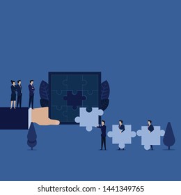 Business manager search employee who can solve puzzle metaphor of hiring new worker. Illustration For Wallpaper, Banner, Background, Book Illustration, And Web Landing Page.