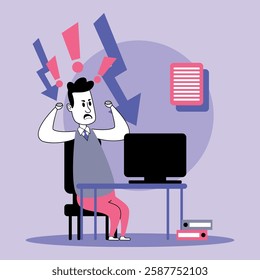 Business manager sitting at desk with computer, displaying visible frustration. High-pressure work dynamics with signs of stress and deadlines
