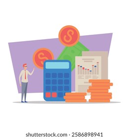 Business manager standing beside calculator and financial reports, analyzing data with stacks of coins and dollar symbols in background, focusing on optimizing performance