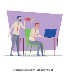 Business manager standing beside employee seated at desk. Manager using megaphone to communicate instructions, while employee focused on t computer screen