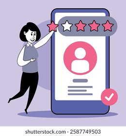 Business manager standing beside smartphone display, offering four-star rating on employee profile. Performance evaluation in modern work environment concept