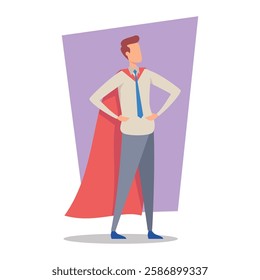 Business manager standing confidently with hands on hips, wearing cape, symbolizing leadership and support. Employee empowerment concept