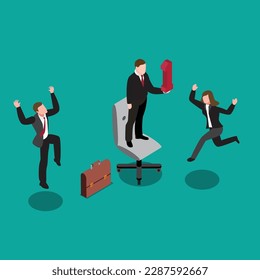 Business manager standing on a chair holding number one with happy staff 3d isometric vector illustration concept for banner, website, landing page, ads, flyer template