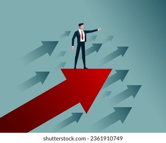 Business manager standing on Large Arrow soaring on the sky. Marketing rising up, business success. teal background, vector design flat illustration. bussiness concept.