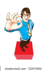 a business manager standing on red box and his fingers acting wow 