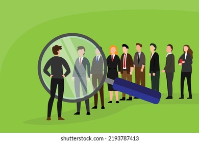 Business manager stands in front of a large magnifier and selects candidates for work 2d vector illustration concept for banner, website, illustration, landing page, flyer, etc.