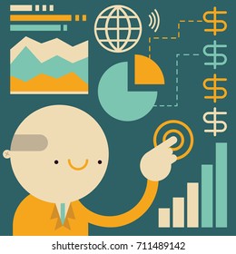 Business Manager surrounded by Touchscreen with Information about Business and Data Corporate information