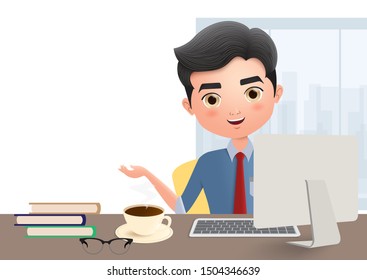 Business manager vector character. Male business character talking and sitting in office desk with laptop, coffee, books and glasses in empty white background. Vector illustration.