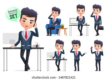 Conjunto de caracteres vectoriales de Business Manager. Carácter de negocio de la oficina del director llamando y parado en un gesto diferente y posar aislado en el fondo blanco. Ilustración vectorial.