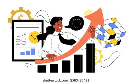 Business manager woman. Businesswoman with graphs and charts. Analyst conducting marketing research. Financial literacy and passive income. Linear vector illustration