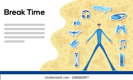 Business manager working for break time with icons. All the objects, shadows and background are in different layers and the text types do not need any font. 