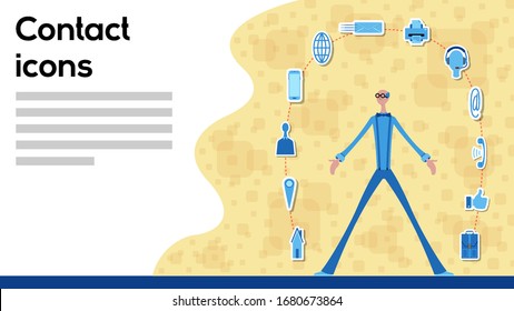 Business manager working for contact icons with icons. All the objects, shadows and background are in different layers and the text types do not need any font. 