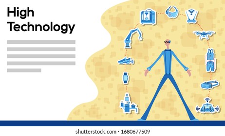 Business manager working for High Technology with icons. All the objects, shadows and background are in different layers and the text types do not need any font. 